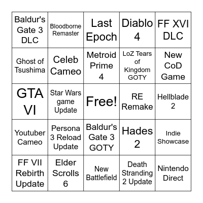 VGA 2023 Bingo Card