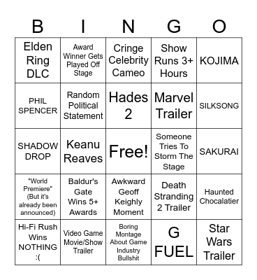 The Game Awards 2023 Bingo Card