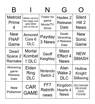 Game Awards 2023 Bingo Card