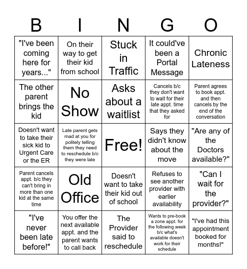 Front Desk Bingo Card