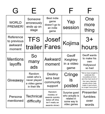 Game Awards 2023 Bingo Card