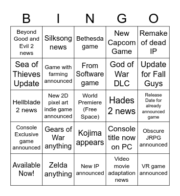 Game Awards Bingo Card