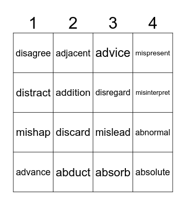 Lesson 1 Prefixes Bingo Card