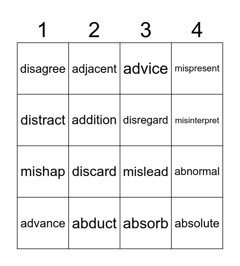 Lesson 1 Prefixes Bingo Card
