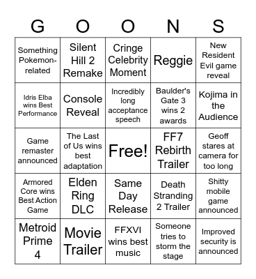 The Game Awards 2023 Bingo Card