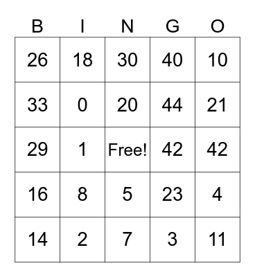 Number Bingo Card