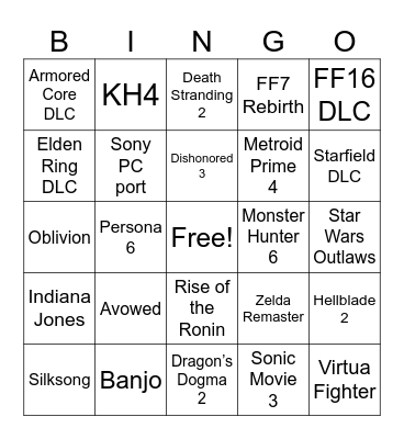 Game Awards 2023 Bingo Card