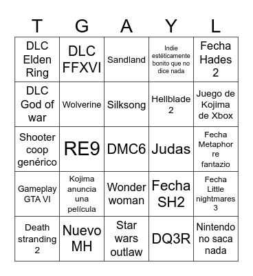 TGA 2023 Bingo Card