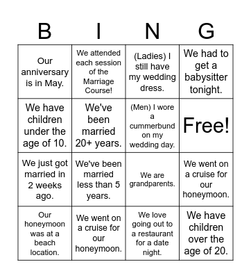 Marriage Course Bingo Card