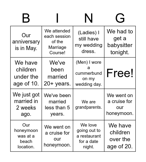 Marriage Course Bingo Card