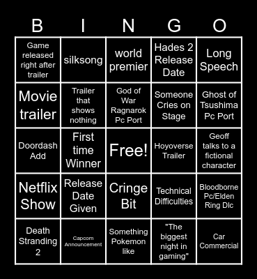 Game Awards 2023 Bingo Card