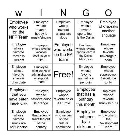 Get to know your WINGS co-workers Bingo Card