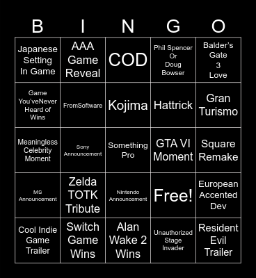 2023 Game Award Bingo Card