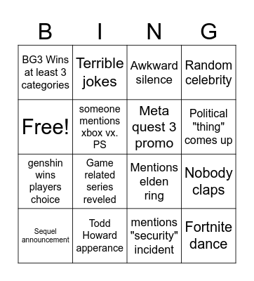 Game Awards Bingo Card