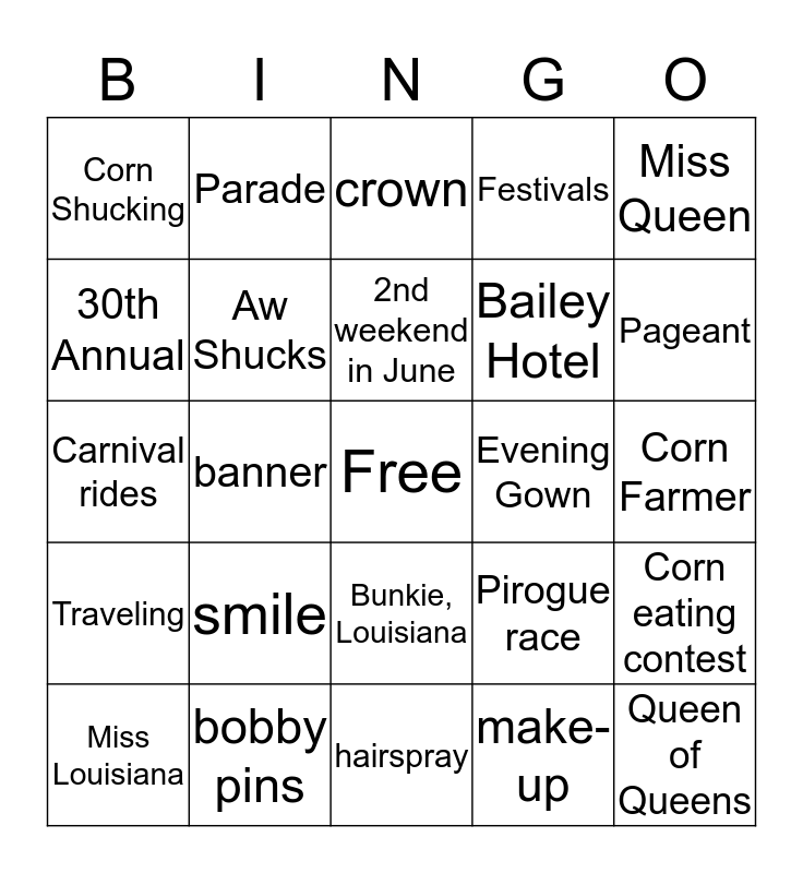 Corn Festival Bingo Card