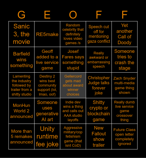 The Gaymer Awards Bingo Card