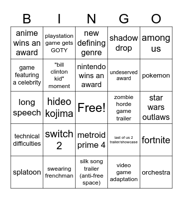 GOTY 2023 Bingo Card