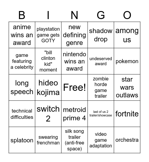 GOTY 2023 Bingo Card