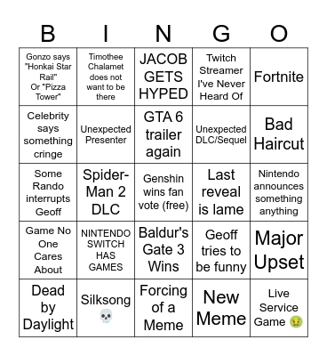 Game Awards Bingo Card