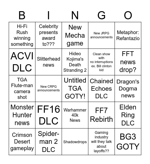TGA 2023 Bingo Card