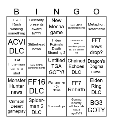 TGA 2023 Bingo Card
