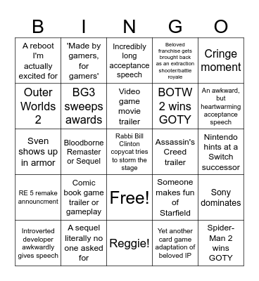 Game Awards 2023 Bingo Card