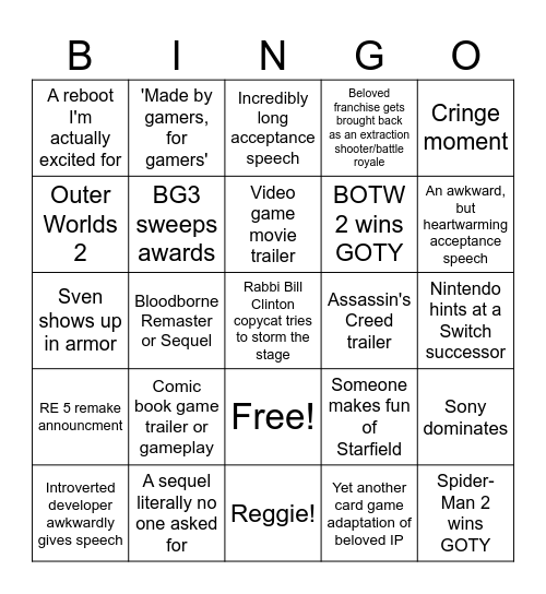 Game Awards 2023 Bingo Card