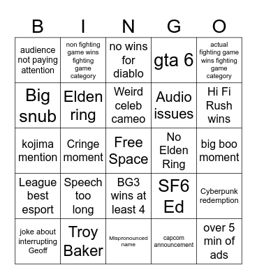 TGA Bingo 2023 Bingo Card