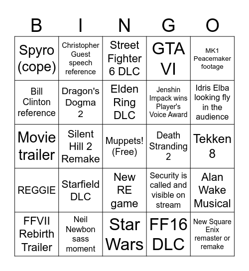 TGA 2023 Bingo Card