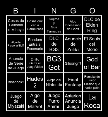 Game Awardn't Bingo Card