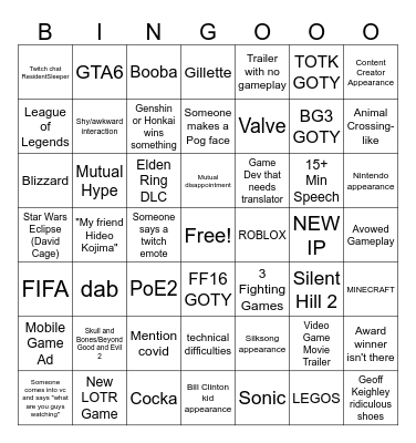 Game Awards 2023 Bingo Card