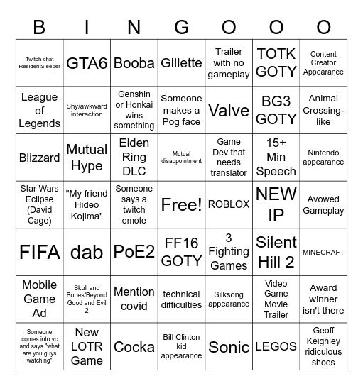 Game Awards 2023 Bingo Card