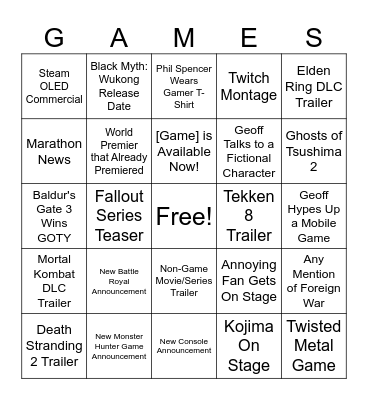 Game Awards 2023 Bingo Card