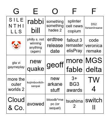 TGA 2023 Bingo Card