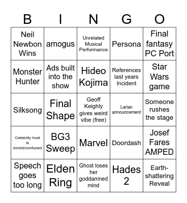 Gayme Awards Bingo Card