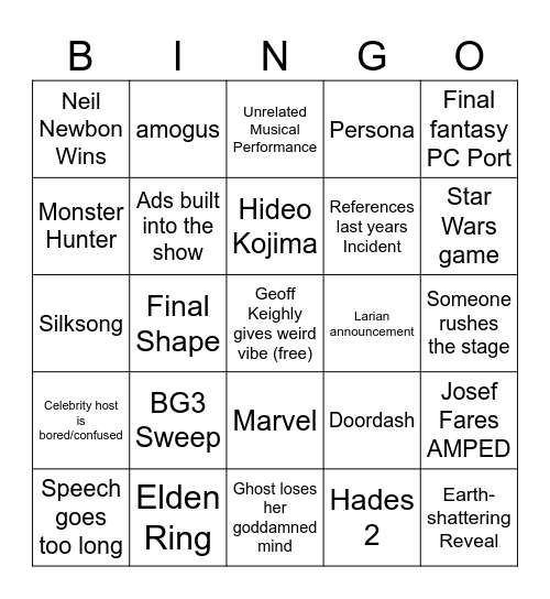 Gayme Awards Bingo Card