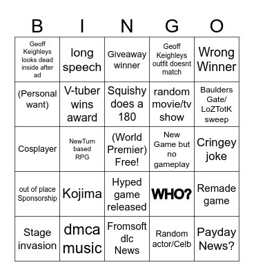 2023 Game Awards Bingo Card