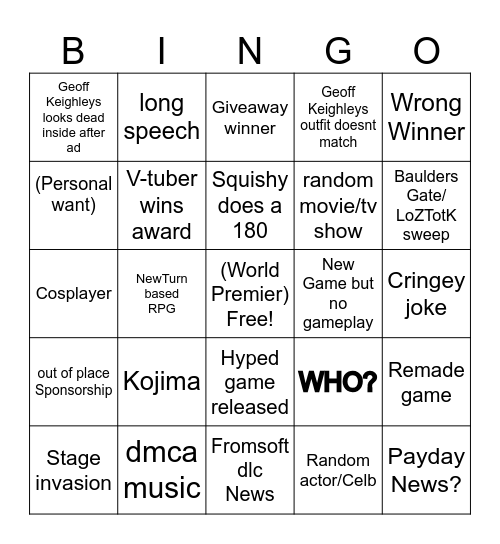 2023 Game Awards Bingo Card