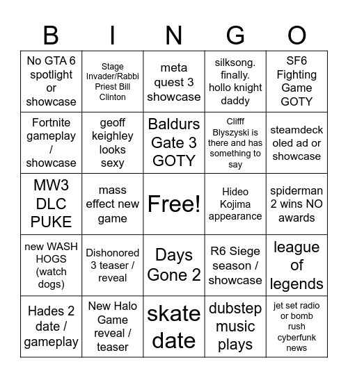 game awards bingo Card