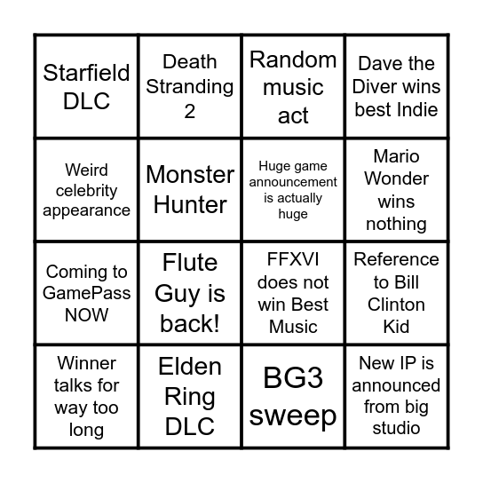 Game Awards Bingo Card