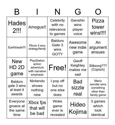 Game Awards 2023 Bingo Card
