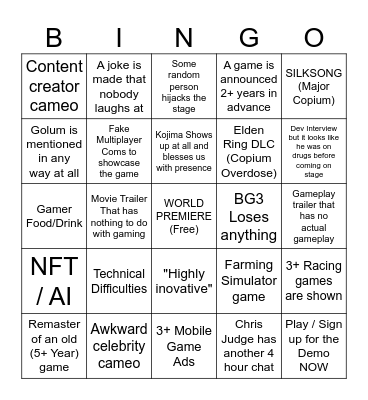 Game Awards 2023 Bingo Card