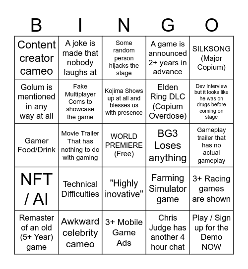 Game Awards 2023 Bingo Card