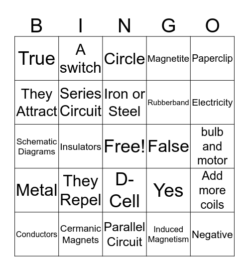 Electiricity and Magnetism  Bingo Card