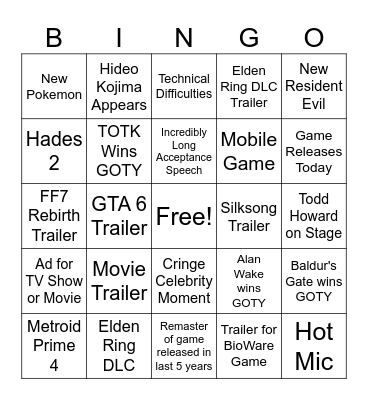 Game Awards Bingo Card
