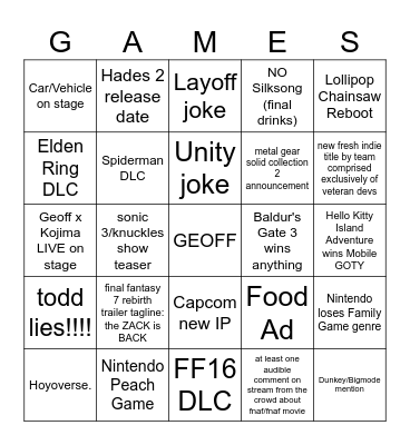 game awards 2023 but badder Bingo Card