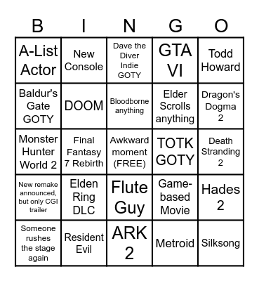 2023 Game Awards Bingo Card