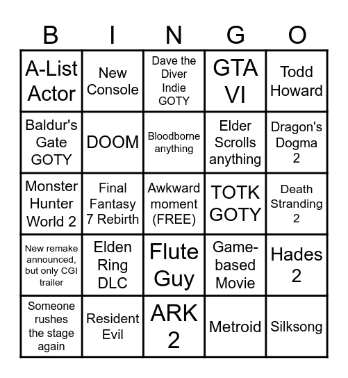 2023 Game Awards Bingo Card