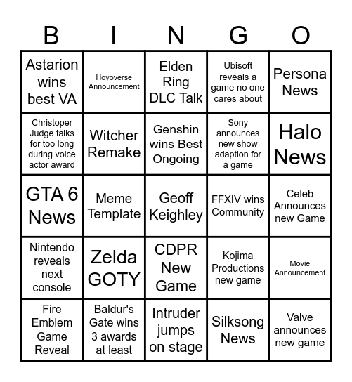 Game Awards Bingo Card