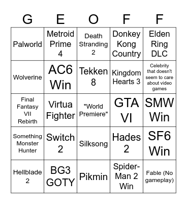 the game awards 2023 Bingo Card